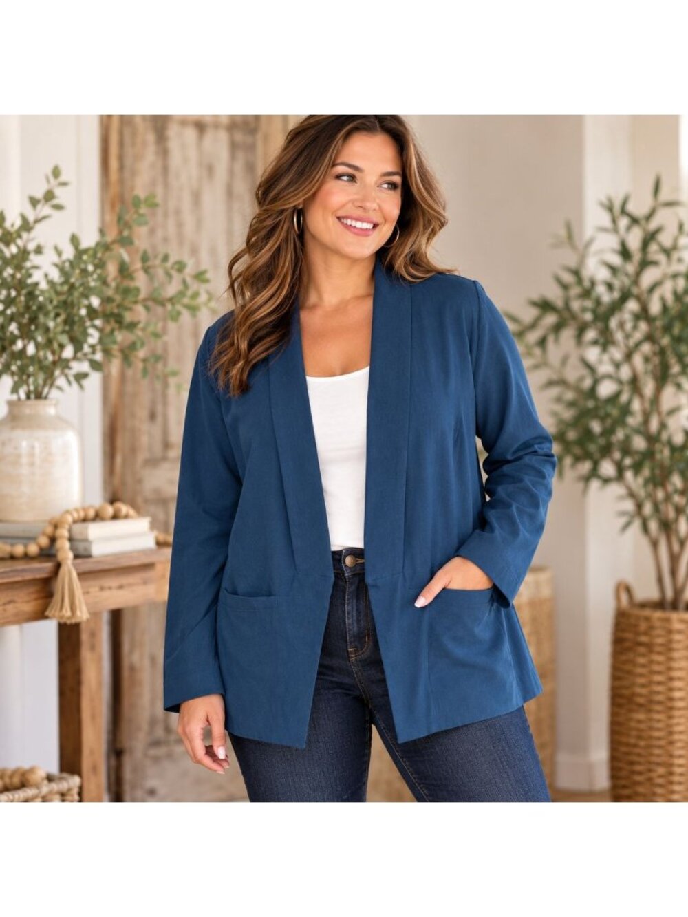 Torrid Womens Size 5 Peacock Blue Open Front Blazer Jacket Ruched Sleeve Plus 5X